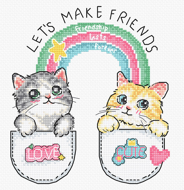 Let's Make Friends! L8043 Counted Cross Stitch Kit featuring colorful threads, canvas, and instruction chart.