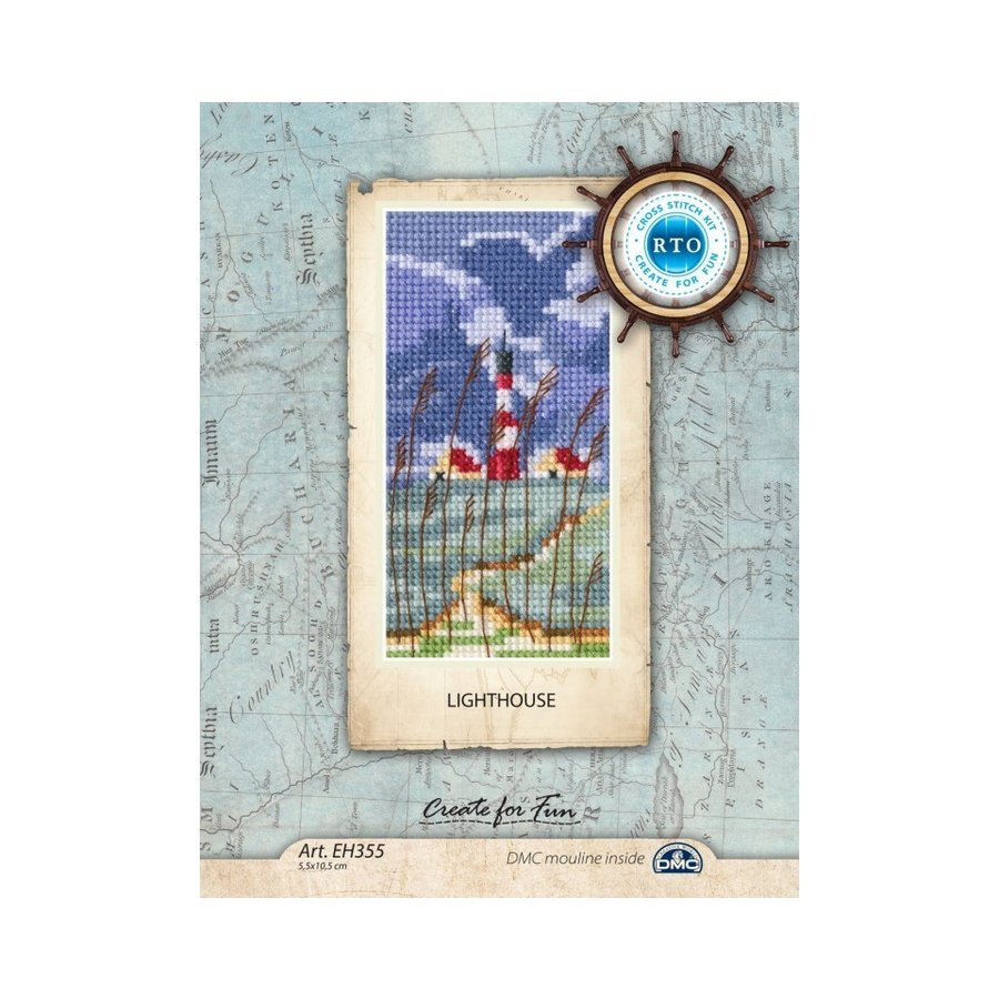 Lighthouse EH355 Counted Cross Stitch Kit with Aida fabric, DMC threads, and instructions displayed on a table.