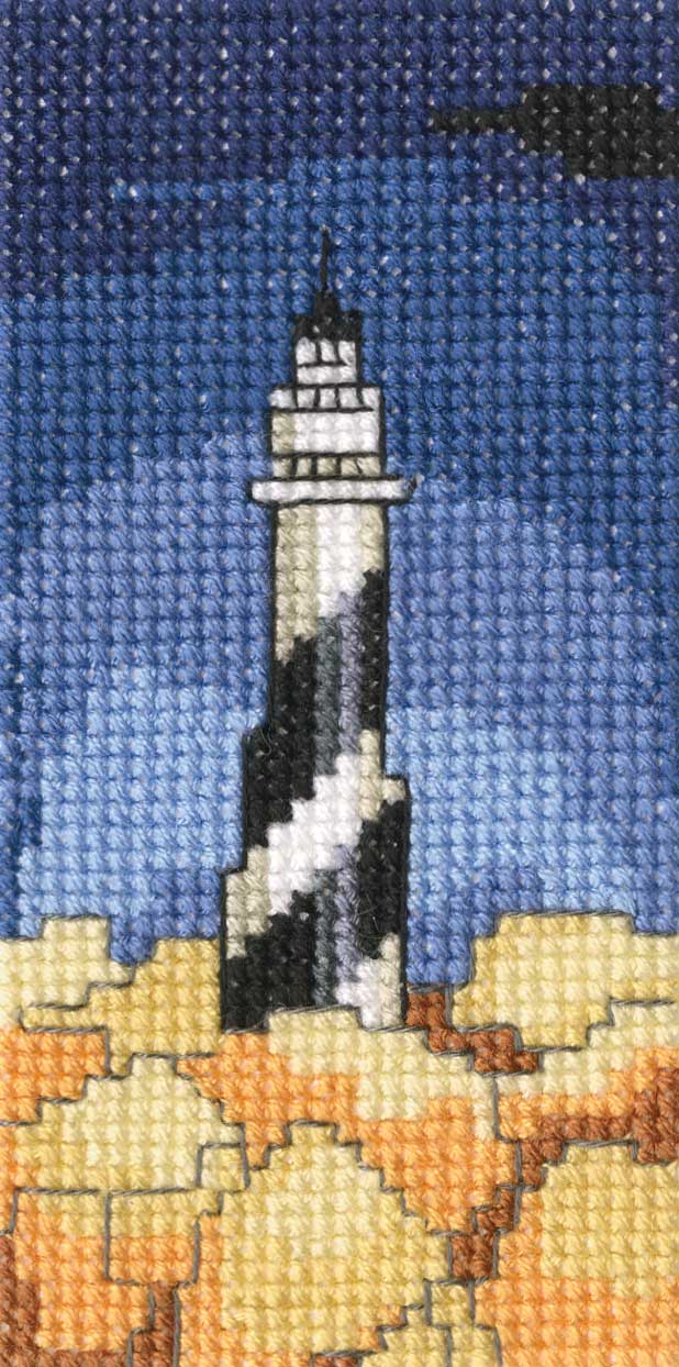 Lighthouse EH357 Counted Cross Stitch Kit featuring Aida canvas, DMC threads, and needle for crafting.