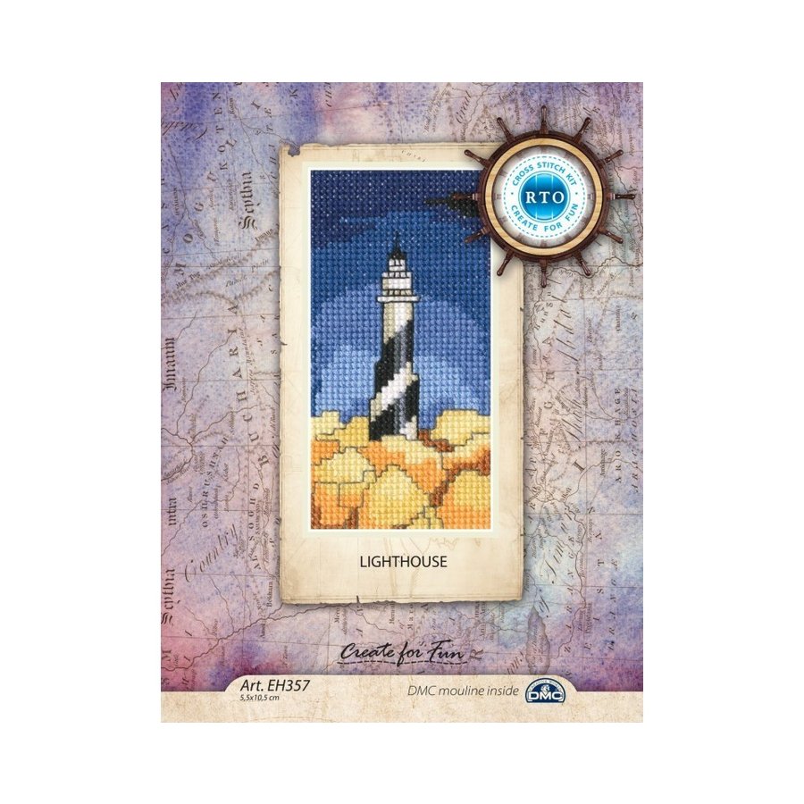 Lighthouse EH357 Counted Cross Stitch Kit featuring Aida canvas, DMC threads, and needle for crafting.