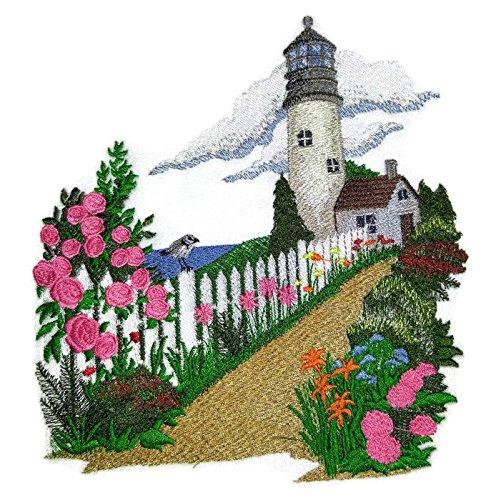 Summer Bliss Lighthouse embroidered patch featuring vibrant colors and intricate design, suitable for iron-on or sewing applications.