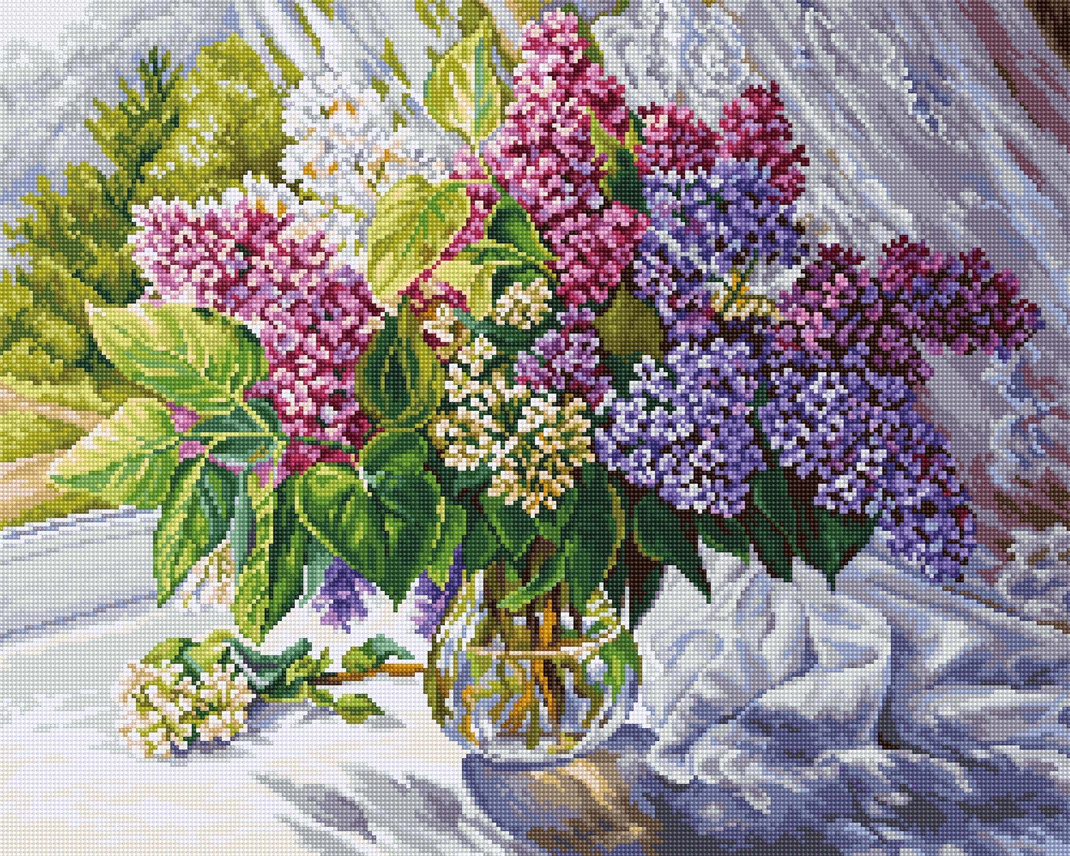 Lilac Bouquet Counted Cross-Stitch Kit featuring vibrant colors and high-quality Aida canvas.