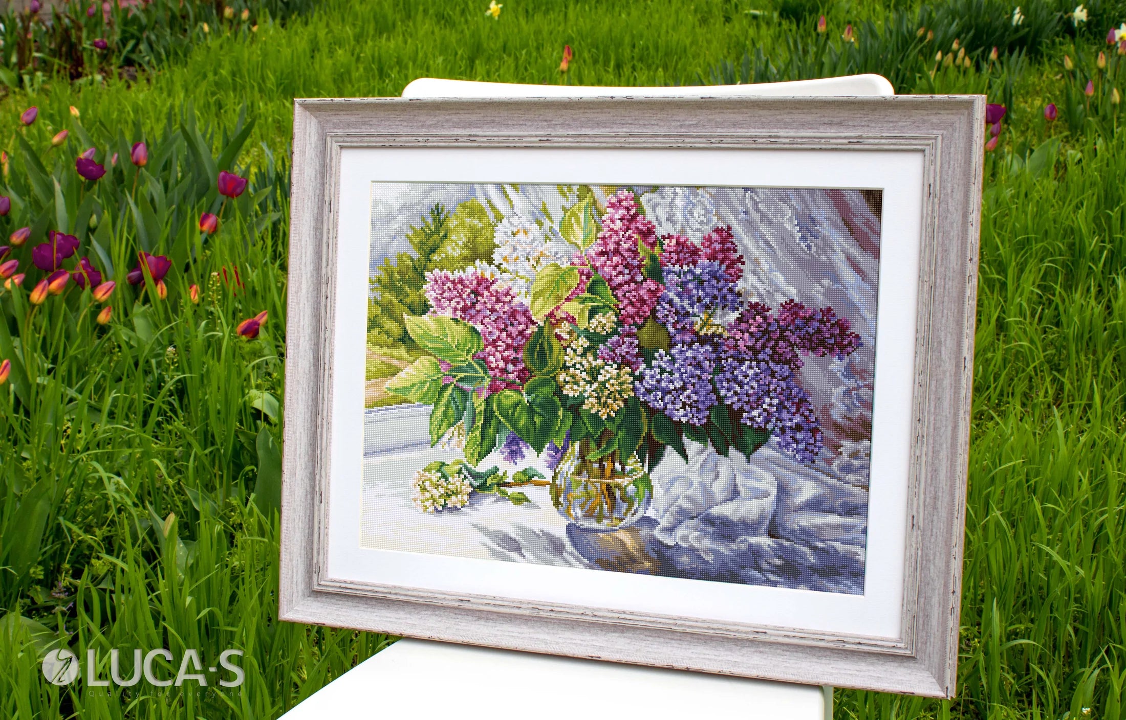 Lilac Bouquet Counted Cross-Stitch Kit featuring vibrant colors and high-quality Aida canvas.