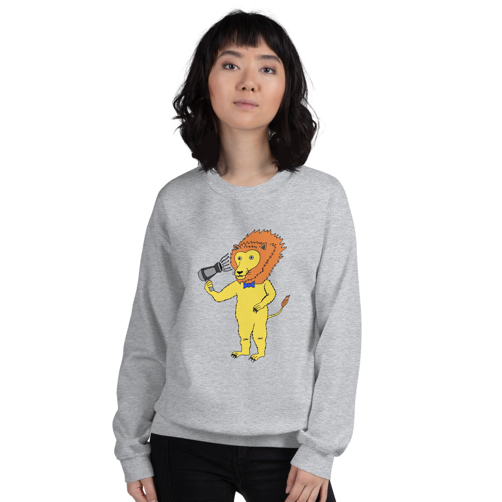 A unisex sweatshirt featuring a playful lion blow-drying its mane, showcasing a unique and humorous design.