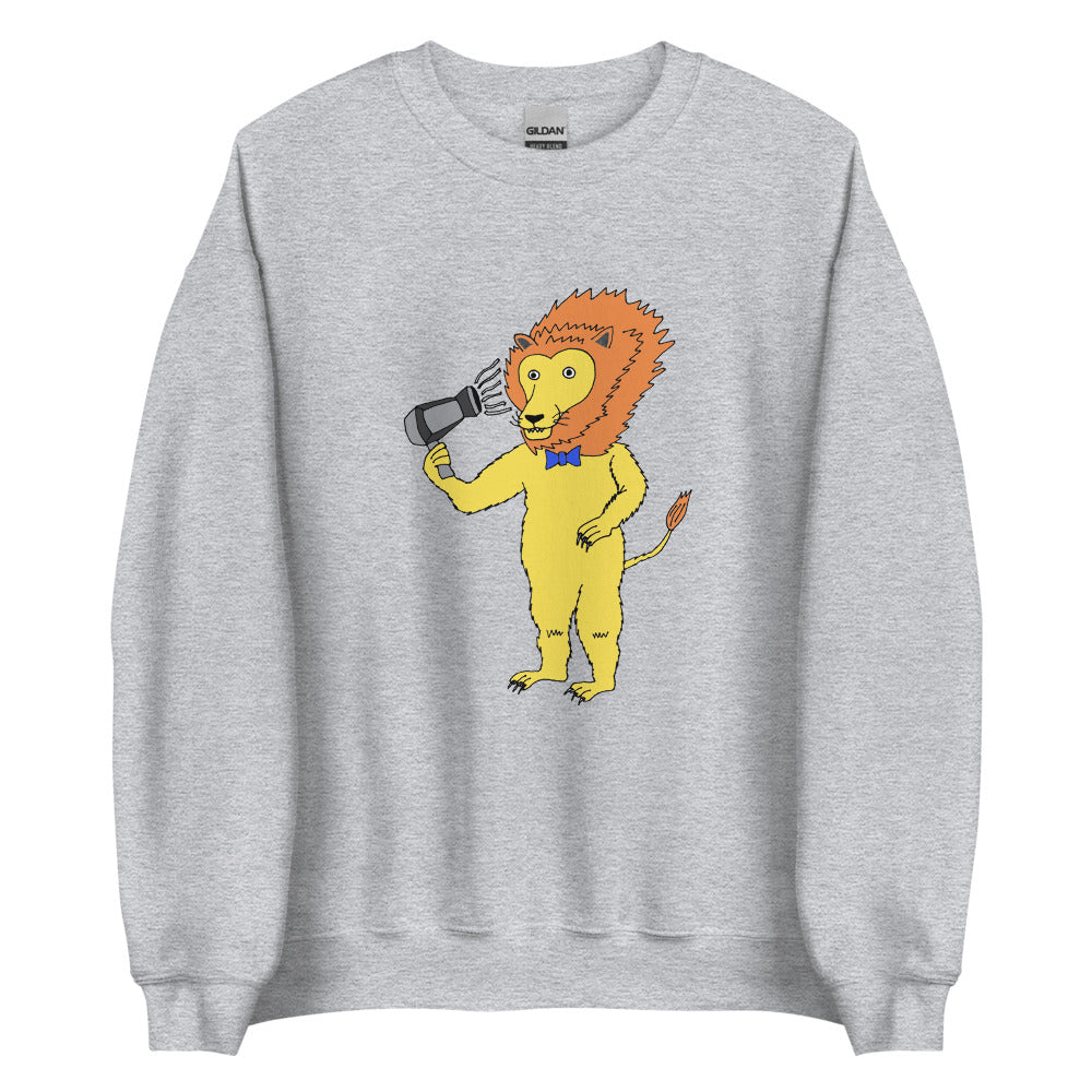 A unisex sweatshirt featuring a playful lion blow-drying its mane, showcasing a unique and humorous design.