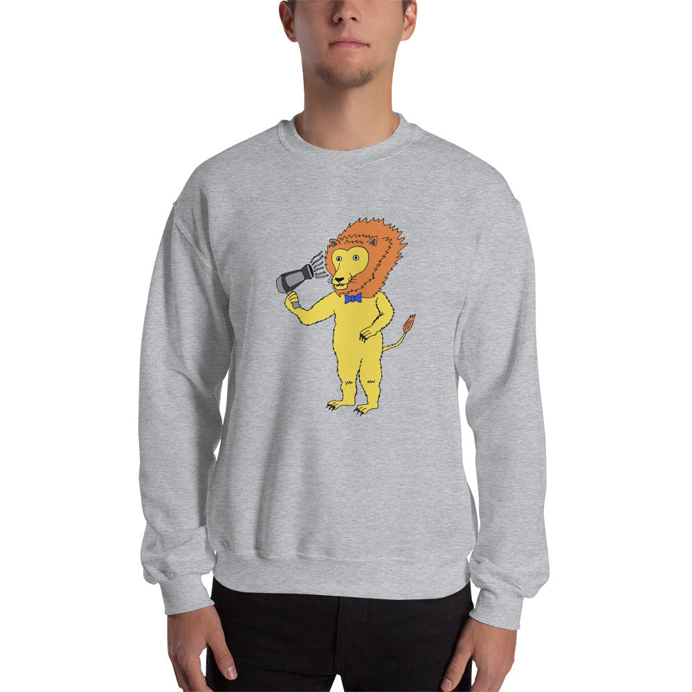 A unisex sweatshirt featuring a playful lion blow-drying its mane, showcasing a unique and humorous design.