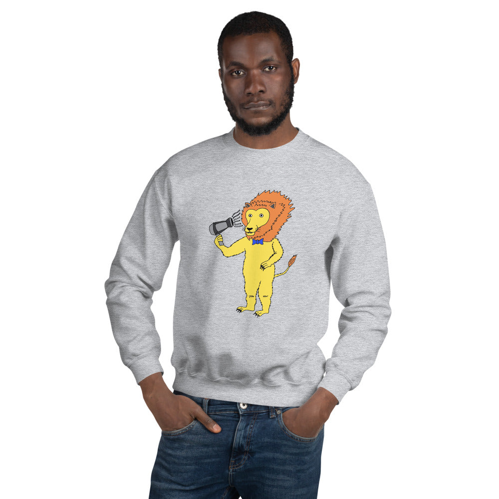 A unisex sweatshirt featuring a playful lion blow-drying its mane, showcasing a unique and humorous design.