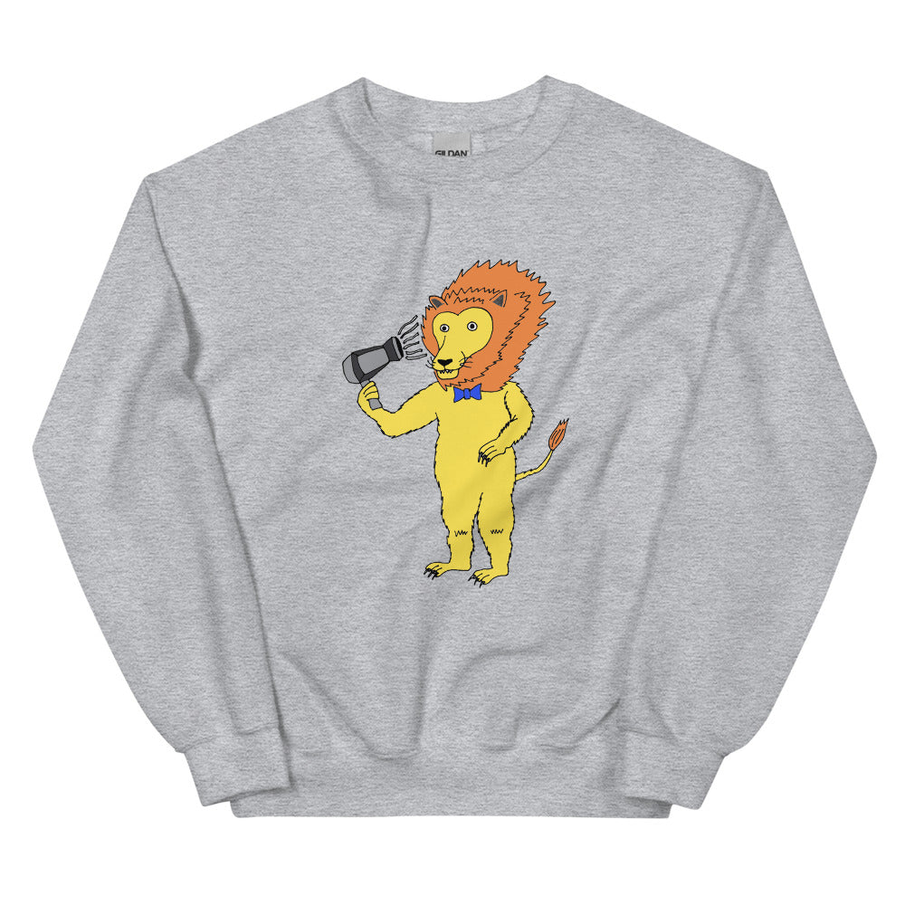 A unisex sweatshirt featuring a playful lion blow-drying its mane, showcasing a unique and humorous design.