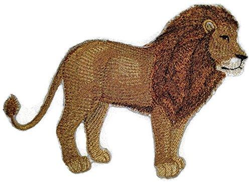 A detailed embroidered patch featuring a lion portrait, showcasing vibrant colors and intricate stitching on a cotton base.