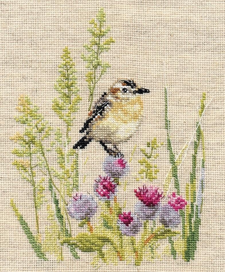 Little Bird 2 1-26 Cross-stitch kit with linen, colorful threads, and needle, showcasing a charming bird design.