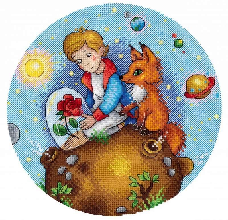 Little Prince SNV-737 Counted Cross-Stitch Kit with Aida canvas, colorful threads, and detailed instructions for stitching.