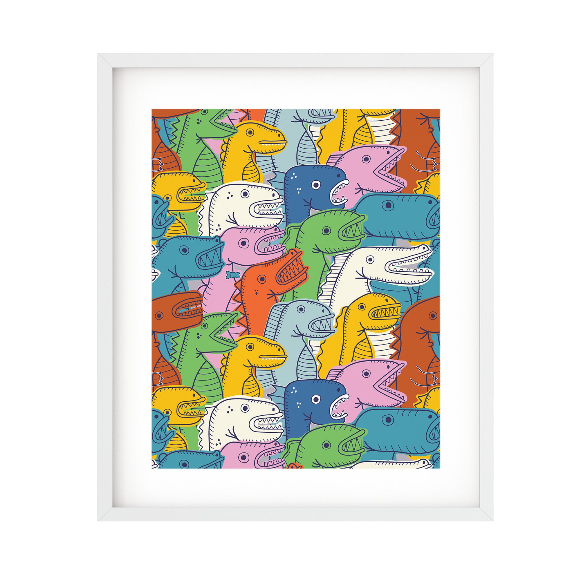 Lizard Party print featuring colorful hand-drawn lizards in a festive setting, available in two sizes.