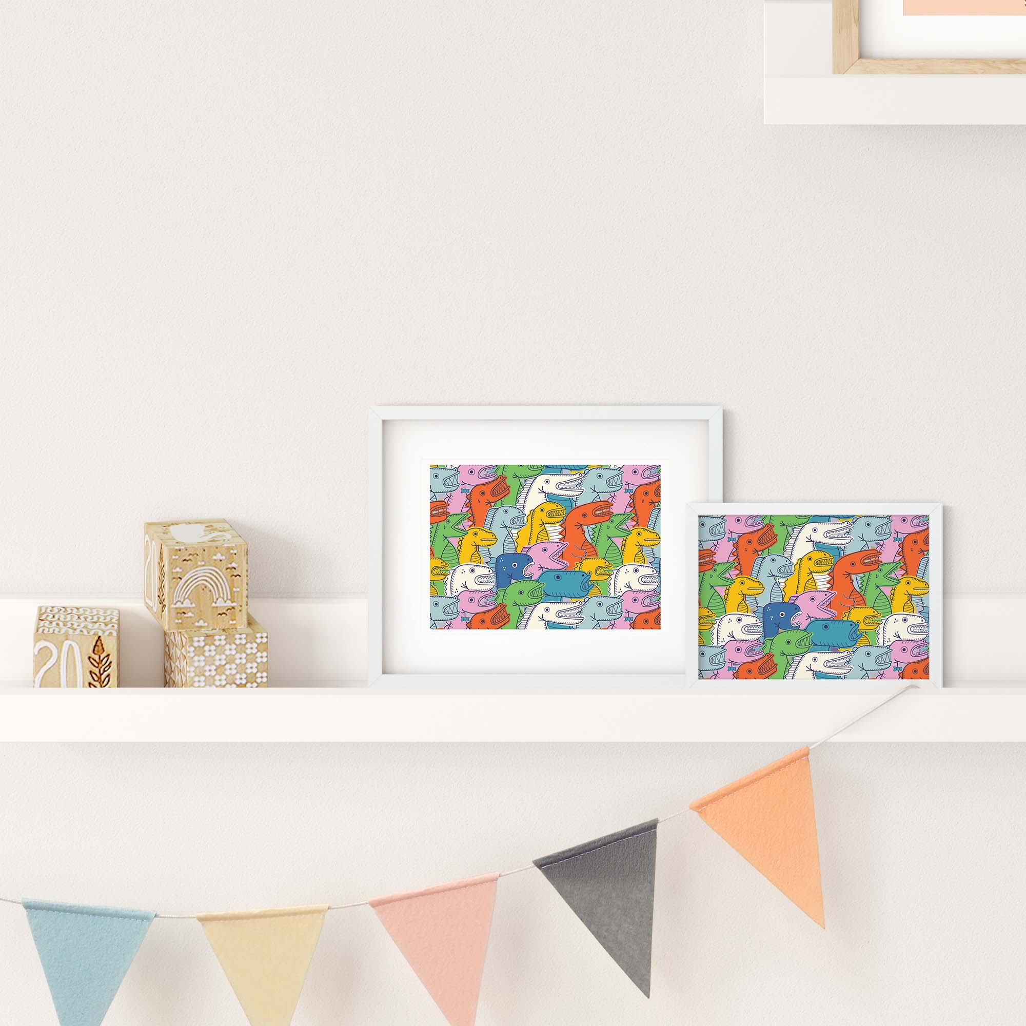 Lizard Party print featuring colorful hand-drawn lizards in a festive setting, available in two sizes.