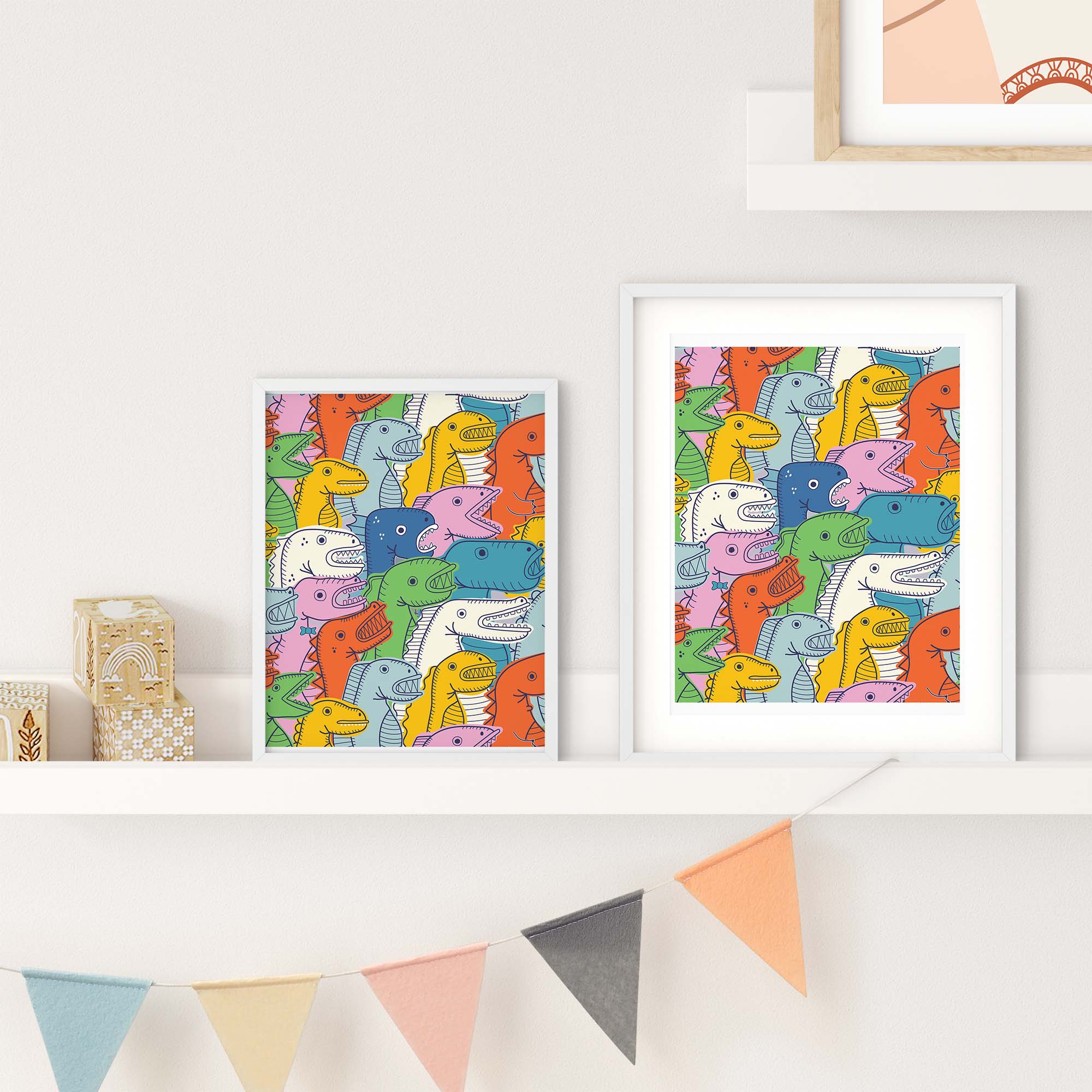 Lizard Party print featuring colorful hand-drawn lizards in a festive setting, available in two sizes.