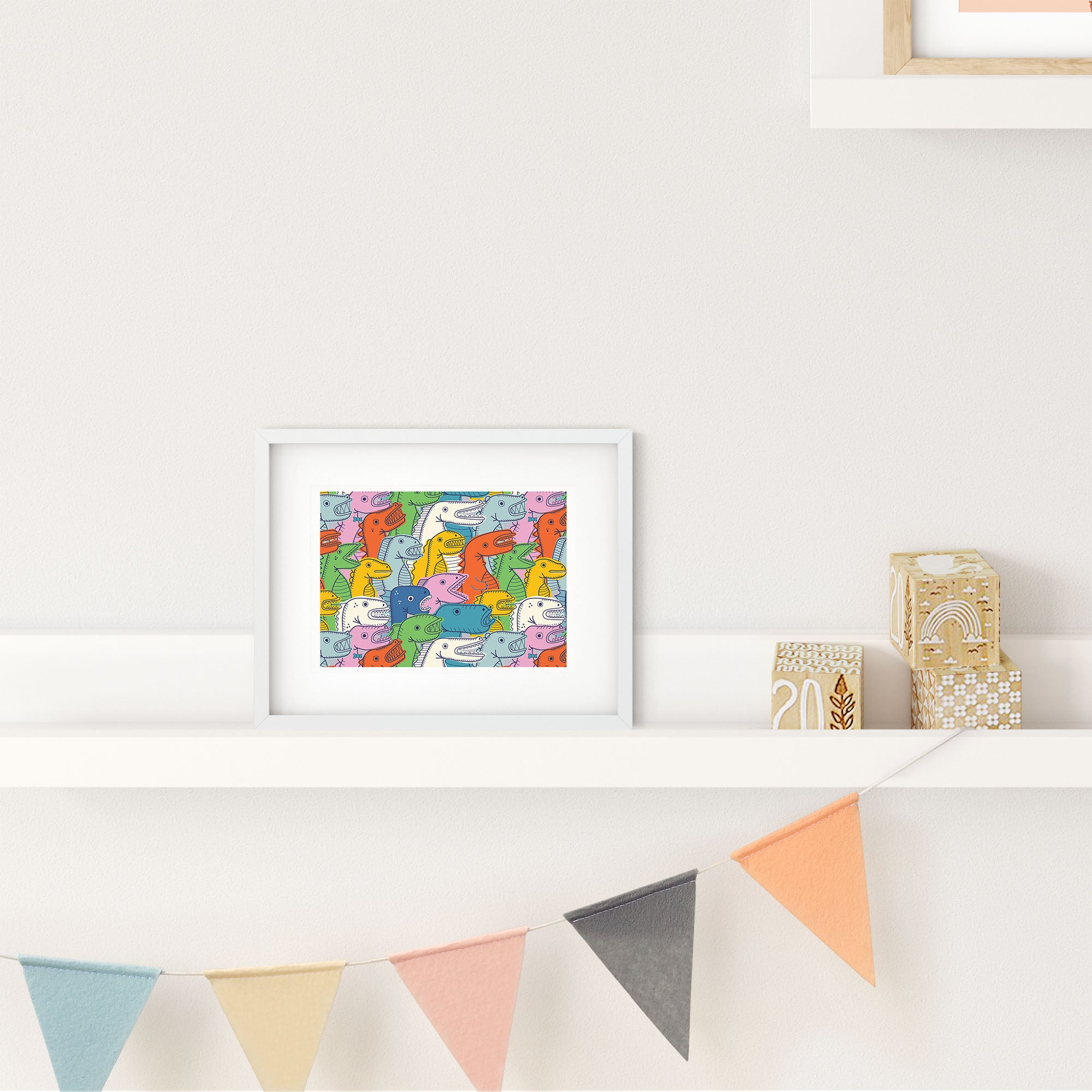 Lizard Party print featuring colorful hand-drawn lizards in a festive setting, available in two sizes.