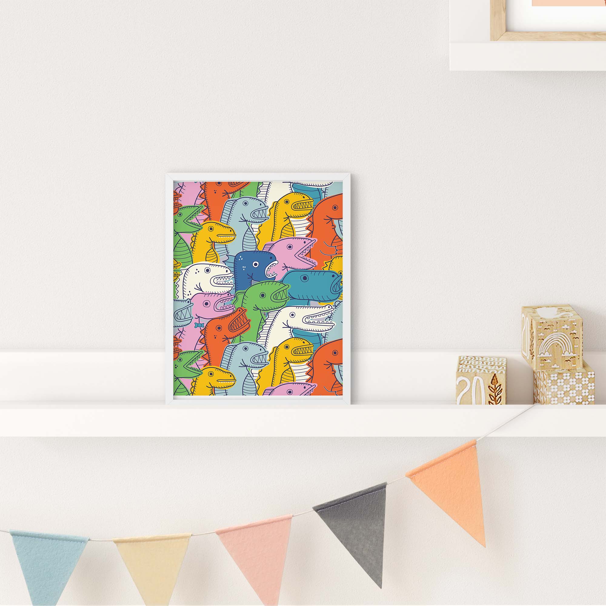 Lizard Party print featuring colorful hand-drawn lizards in a festive setting, available in two sizes.