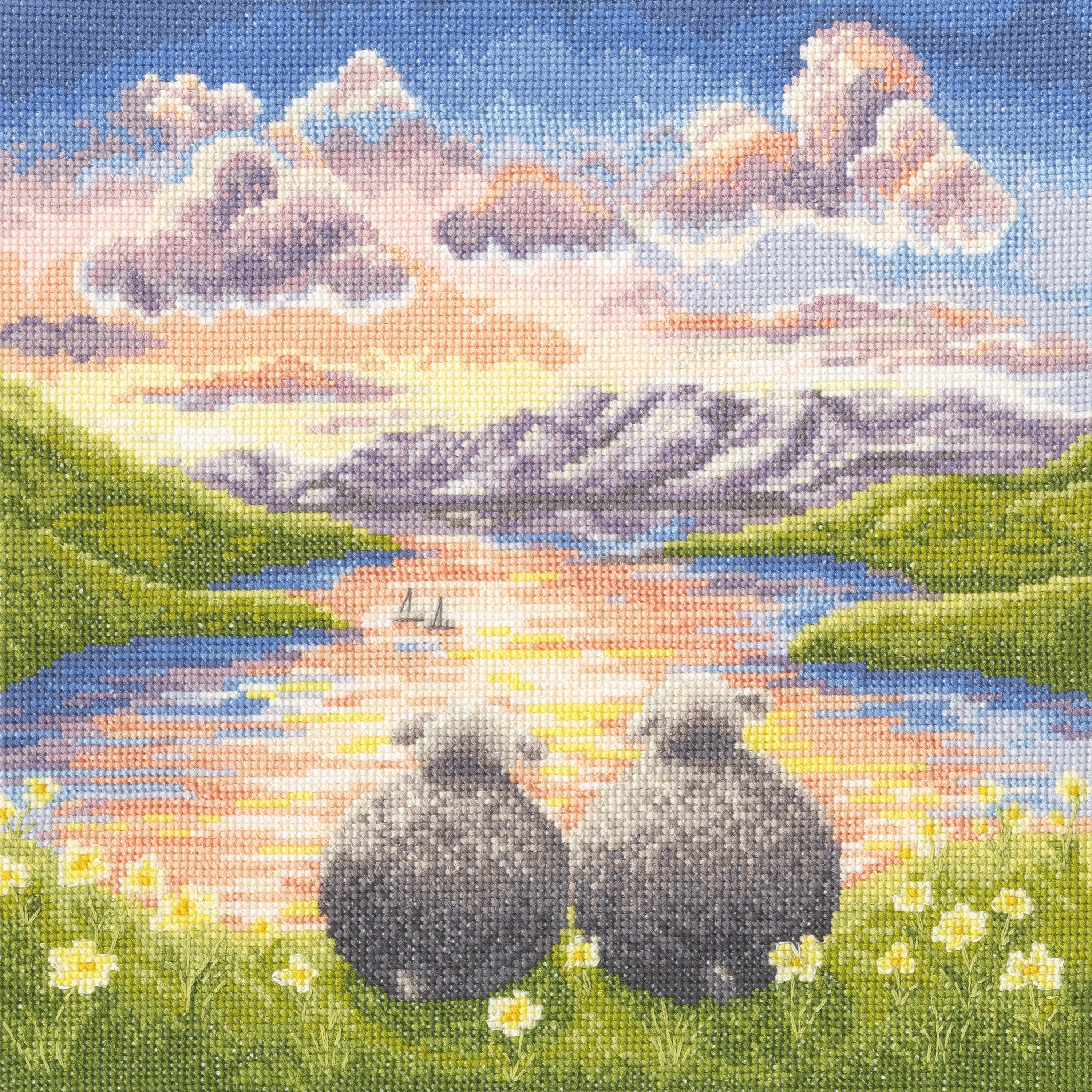 Love and Light XLP3 Counted Cross Stitch Kit featuring 14 count white Aida fabric, pre-sorted cotton threads, and original artwork by Lucy Pittaway.