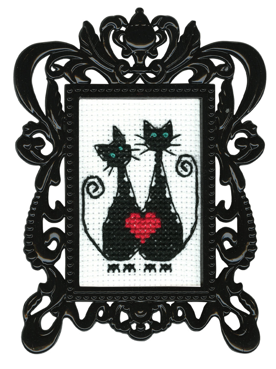 Love FA004 Counted Cross Stitch Kit featuring white Aida canvas, colorful threads, needle, and instruction chart.