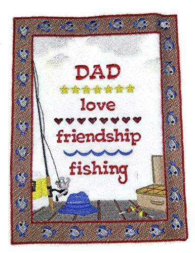 Love Friendship Fishing Sampler embroidered patch, showcasing vibrant colors and intricate stitching, ideal for iron-on or sew-on applications.