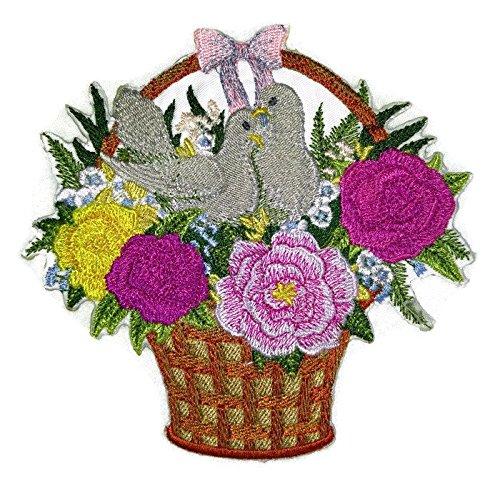 Lovebirds Basket embroidered patch, featuring intricate embroidery on a cotton base, measuring 5.5 inches by 5 inches.