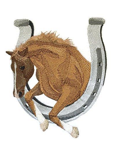 Lucky Charm Brown Stallion embroidery patch featuring a detailed brown stallion and horseshoe design, ideal for iron-on or sew-on applications.