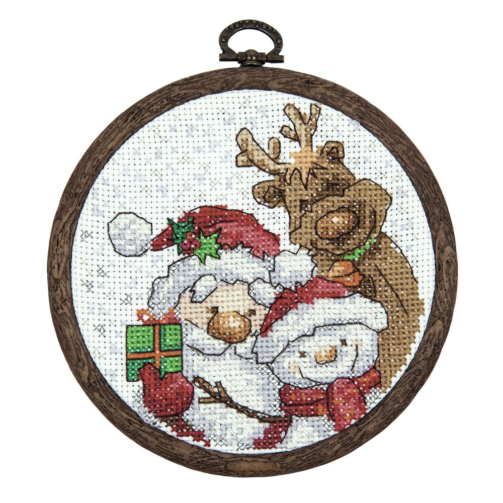 M-504C Counted Cross Stitch Kit featuring colorful Madeira floss, Aida fabric, and Preciosa beads for festive holiday crafting.