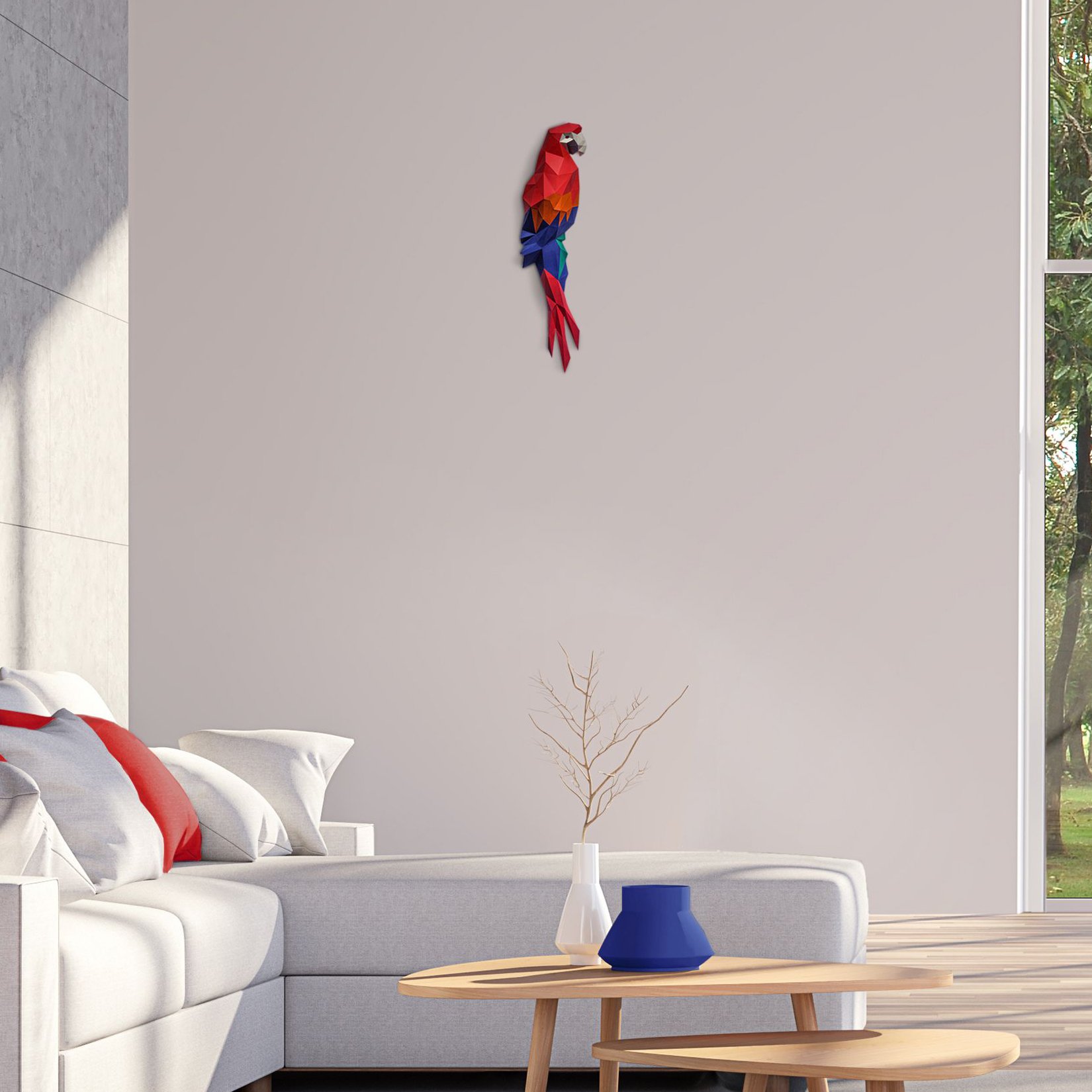 Colorful 3D Macaw Wall Art made from paper, showcasing vibrant feathers and a large beak, mounted as if perched on a branch.