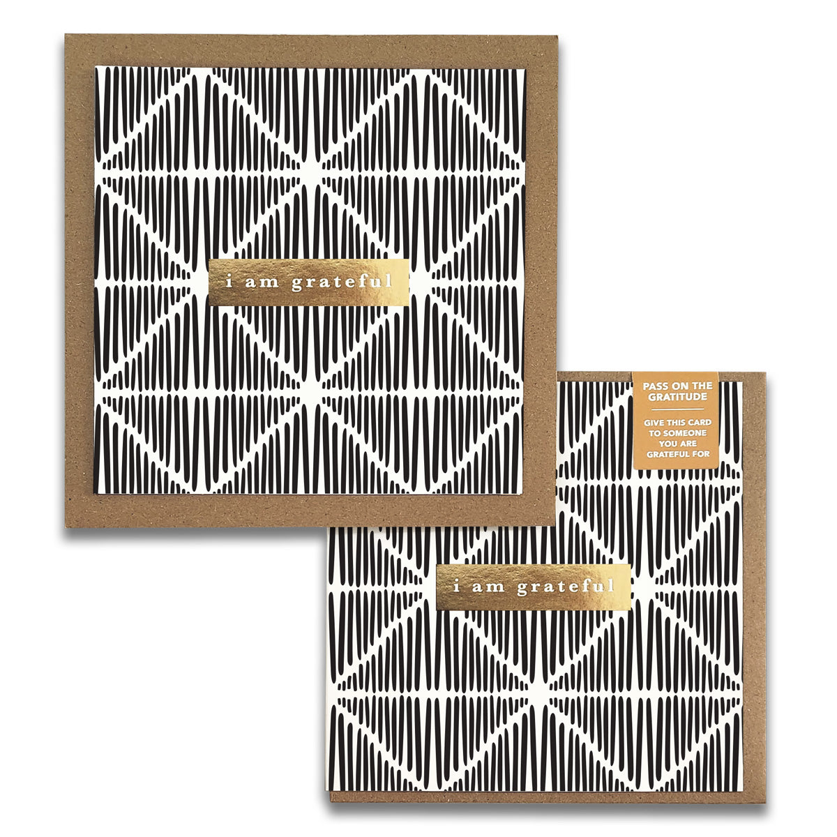 A set of Macrame Monochrome Gratitude Greeting Cards featuring gold foil stamping and rustic kraft envelopes, elegantly designed for sharing positivity.