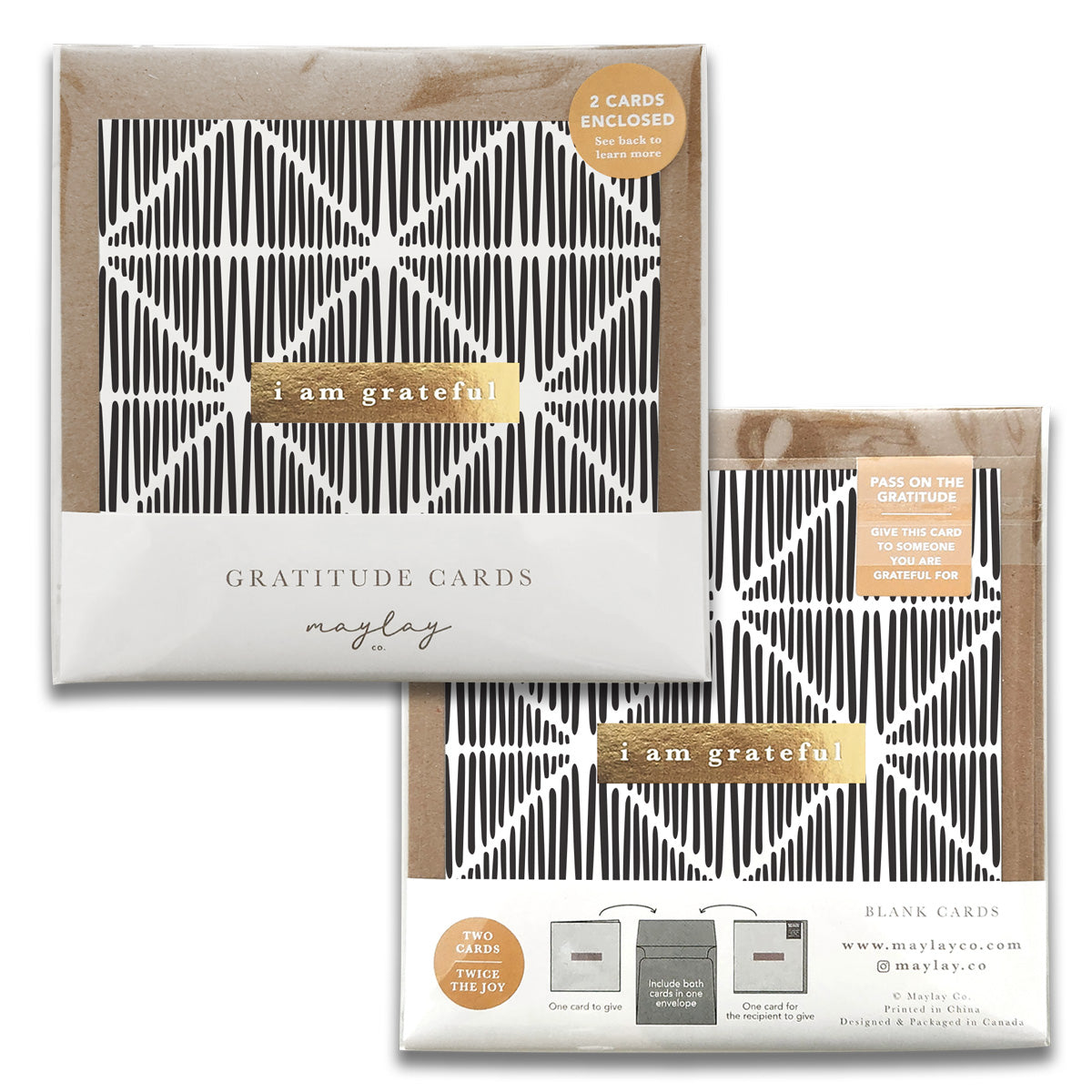 A set of Macrame Monochrome Gratitude Greeting Cards featuring gold foil stamping and rustic kraft envelopes, elegantly designed for sharing positivity.