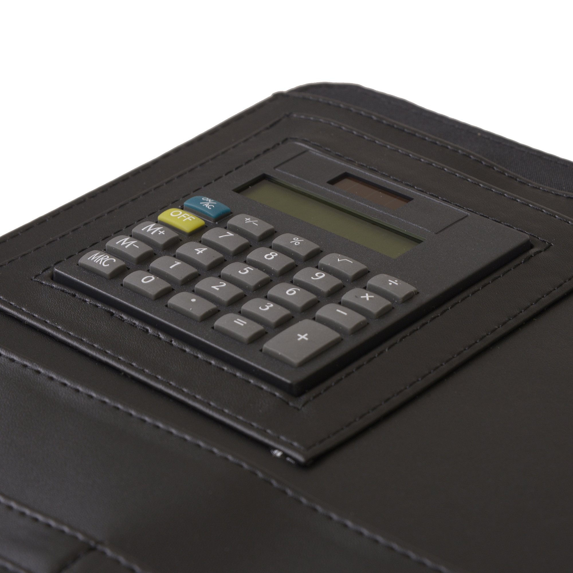 A sleek Magnetic Tab Closure Padfolio featuring credit card slots, ID windows, a calculator, and a pen holder, perfect for organization.