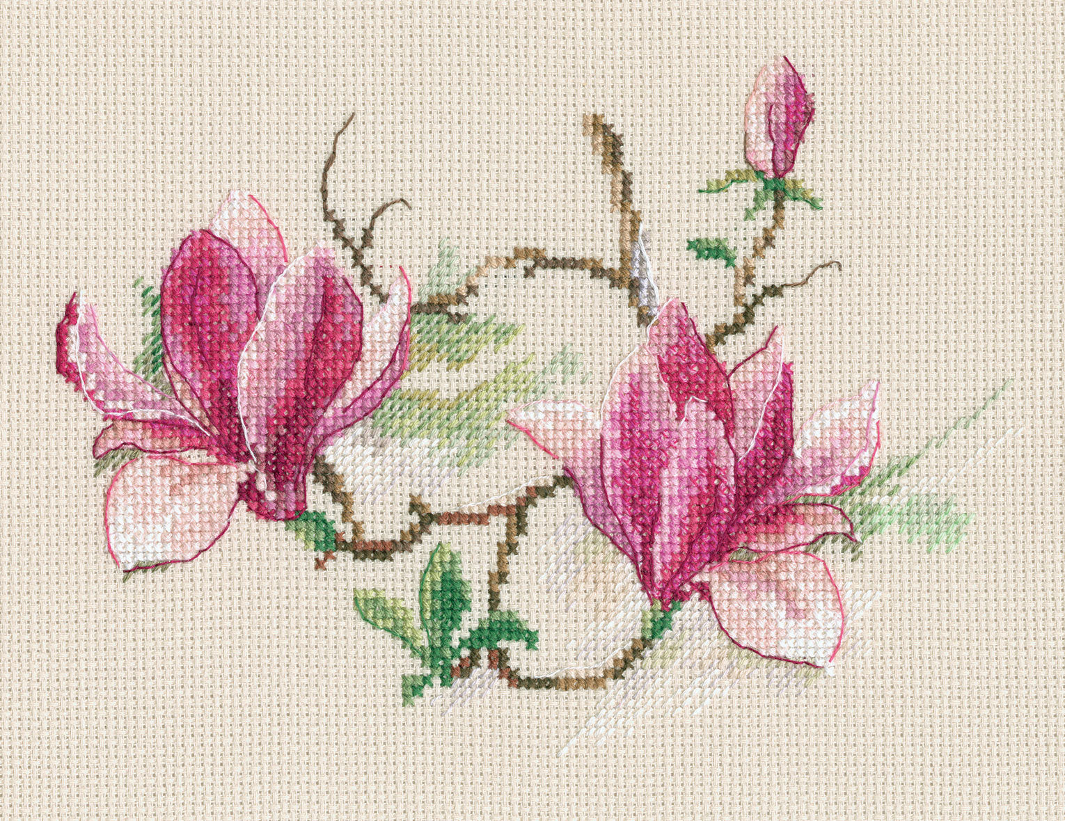 Magnolia flowers counted cross stitch kit with Aida14 canvas, DMC threads, and needle, showcasing vibrant colors and floral design.