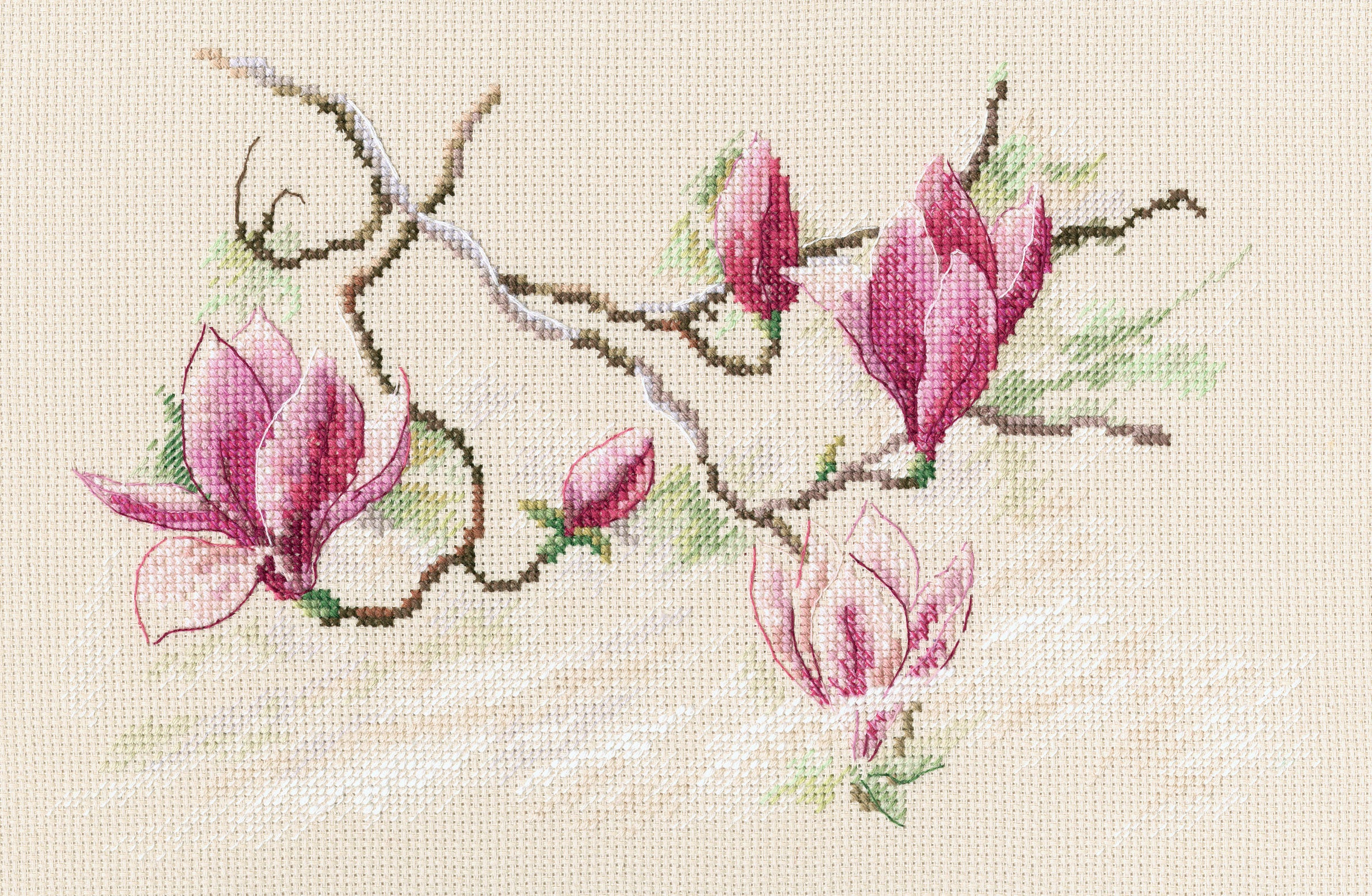 Magnolia flowers counted cross stitch kit with grey-beige Aida14 fabric, DMC threads, needle, and instructions.