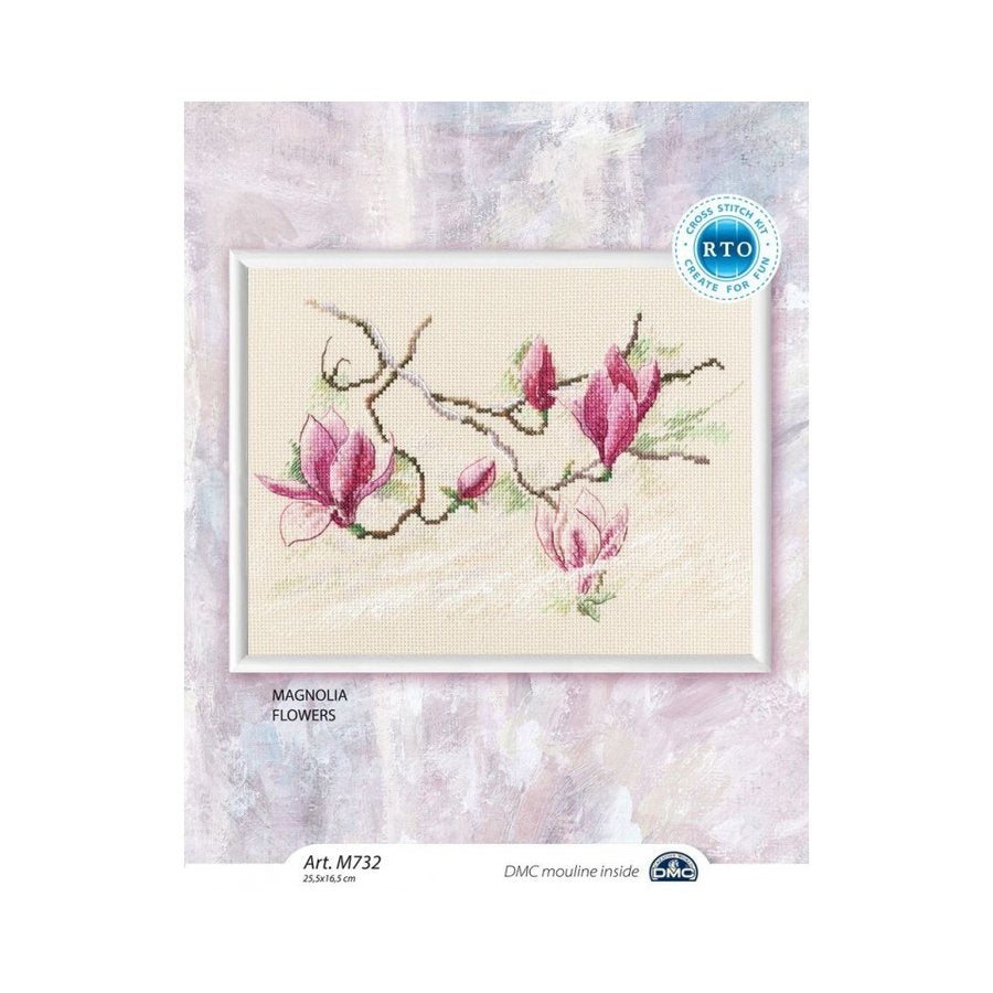 Magnolia flowers counted cross stitch kit with grey-beige Aida14 fabric, DMC threads, needle, and instructions.