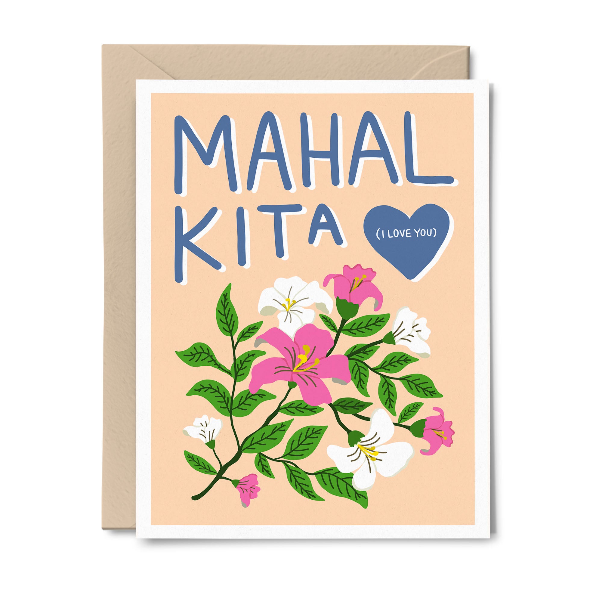 Mahal Kita bilingual card featuring pink and white floral illustration with Tagalog and English text.