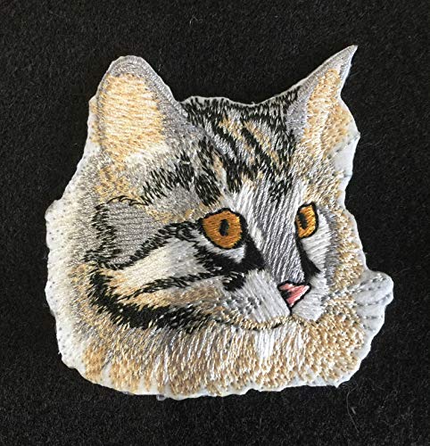 Maine Coon Cat Face embroidered patch, 3 inches by 3 inches, showcasing intricate details and vibrant colors.