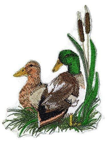 Mallard Pair embroidered patch featuring detailed embroidery on a cotton base, measuring 5 inches by 3.5 inches.