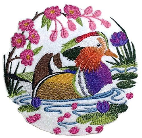 Mandarin Duck scene embroidered patch showcasing vibrant colors and intricate details, measuring 6.06 inches by 5.9 inches.