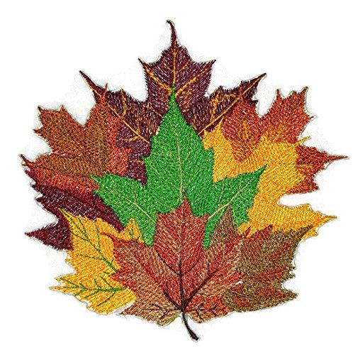 Maple Leaves embroidered patch with vibrant colors, measuring 4.9 inches by 4.8 inches, suitable for iron-on or sew-on applications.