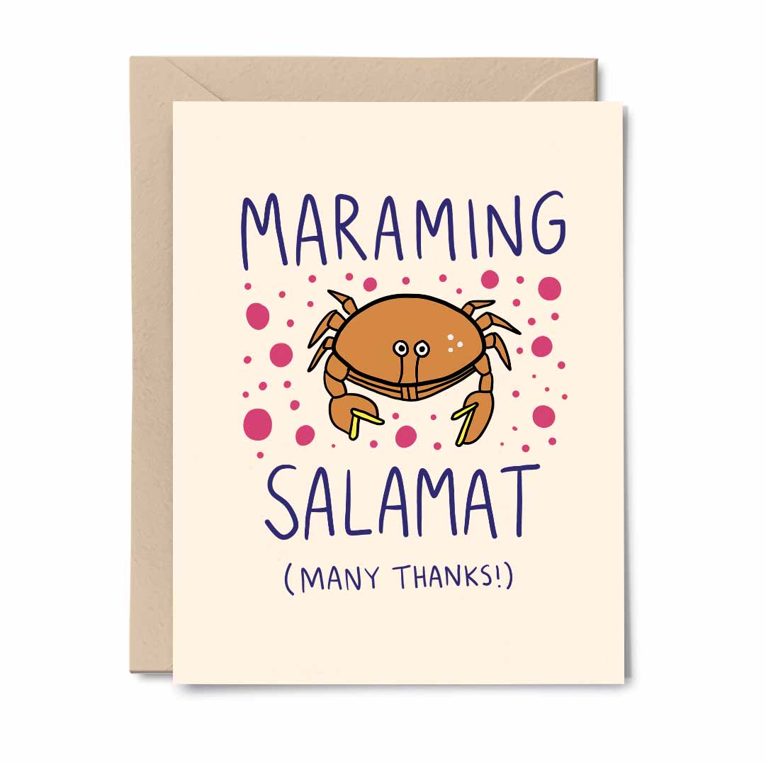 Maraming Salamat bilingual card featuring a crab illustration with green and pink bubbles, showcasing Tagalog and English text.