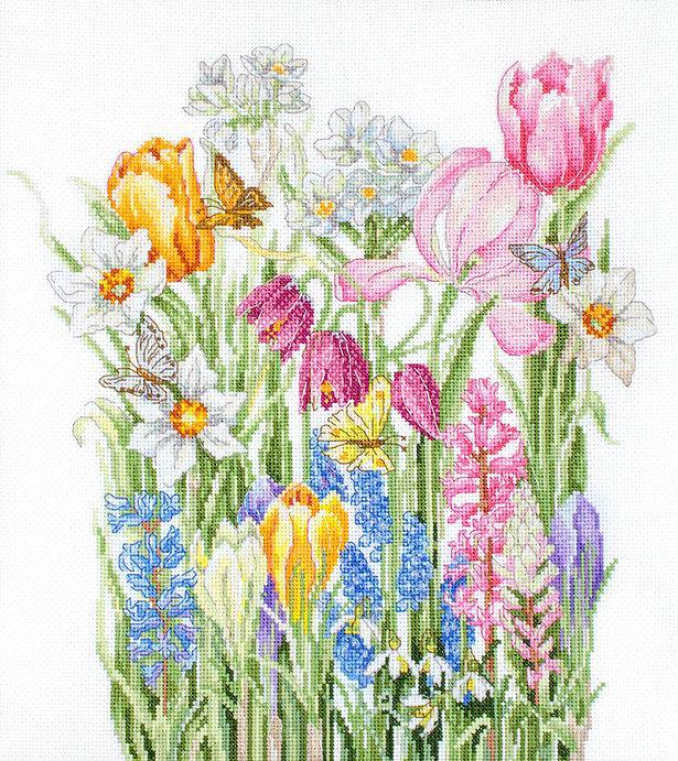 March Bouquet B2388L Counted Cross-Stitch Kit featuring Aida canvas, colorful threads, and needle for embroidery.