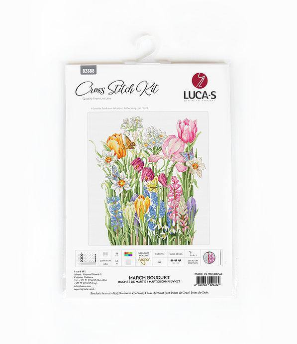 March Bouquet B2388L Counted Cross-Stitch Kit featuring Aida canvas, colorful threads, and needle for embroidery.