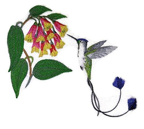 Marvelous Spatule tail Hummingbirds embroidered patch showcasing vibrant colors and intricate design, perfect for iron-on or sewing applications.