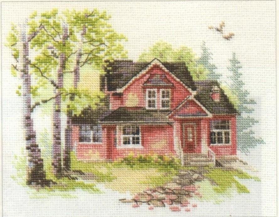 May house 3-19 Cross-stitch kit featuring white aida fabric, 26 colorful threads, and an embroidery needle.