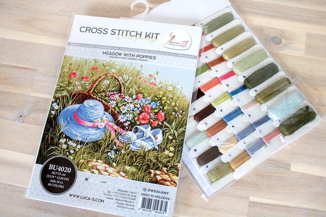 Meadow with Poppies BU4020L Counted Cross-Stitch Kit featuring vibrant flowers and blue hat on high-quality canvas.