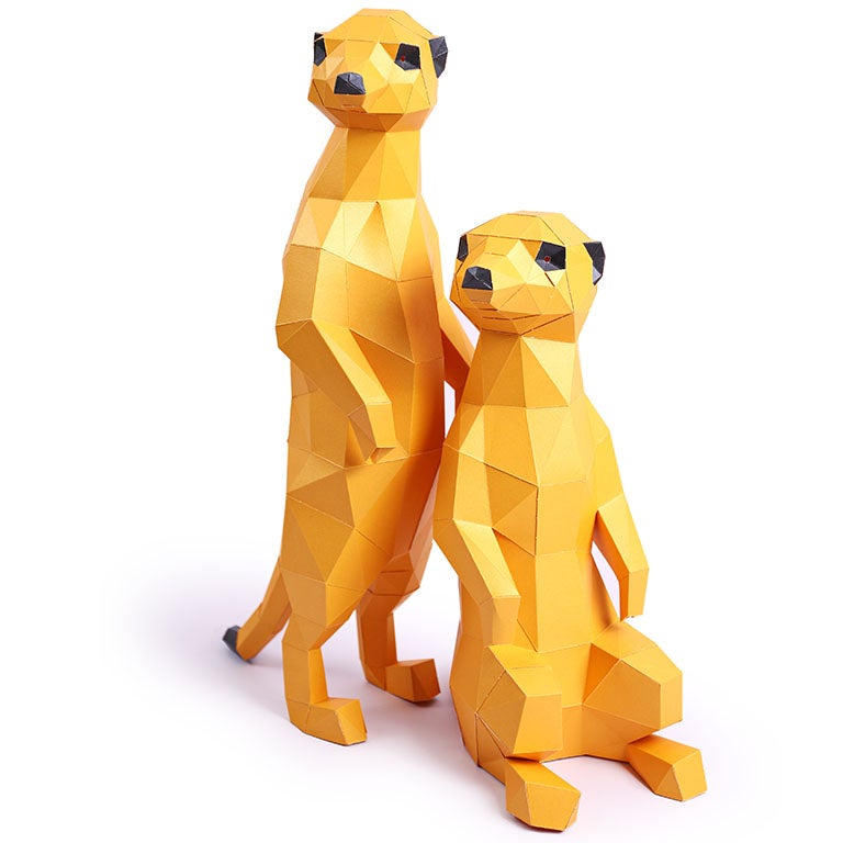 Two charming 3D paper meerkat models, one standing and one seated, showcasing intricate details and vibrant colors.