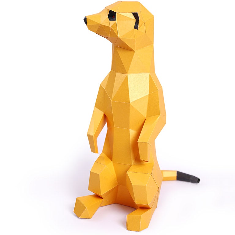 Two charming 3D paper meerkat models, one standing and one seated, showcasing intricate details and vibrant colors.