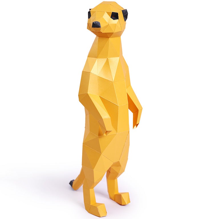 Two charming 3D paper meerkat models, one standing and one seated, showcasing intricate details and vibrant colors.