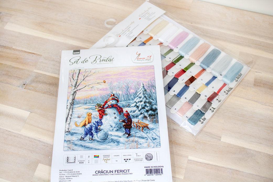 Merry Christmas B2358L Counted Cross-Stitch Kit featuring Aida canvas, colorful threads, and needle for festive crafting.