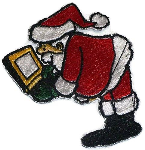 Embroidered Merry Christmas patch featuring Santa on a laptop, perfect for iron-on or sewing onto garments.