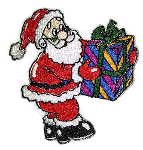 Embroidered patch featuring Santa Claus holding a gift box, perfect for Christmas garments.